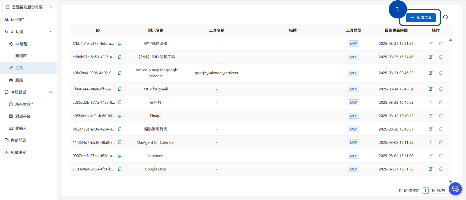 工具列表頁面與新增按鈕