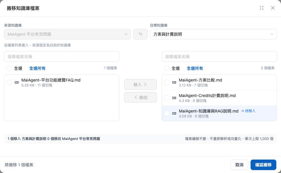 已選好來源與目標知識庫，並將勾選的檔案加入待搬清單