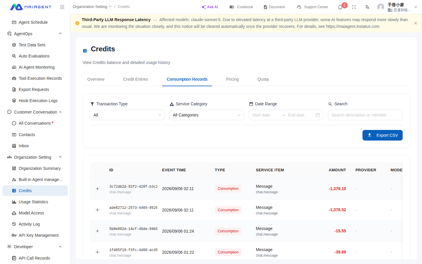Credits 消耗記錄分頁
