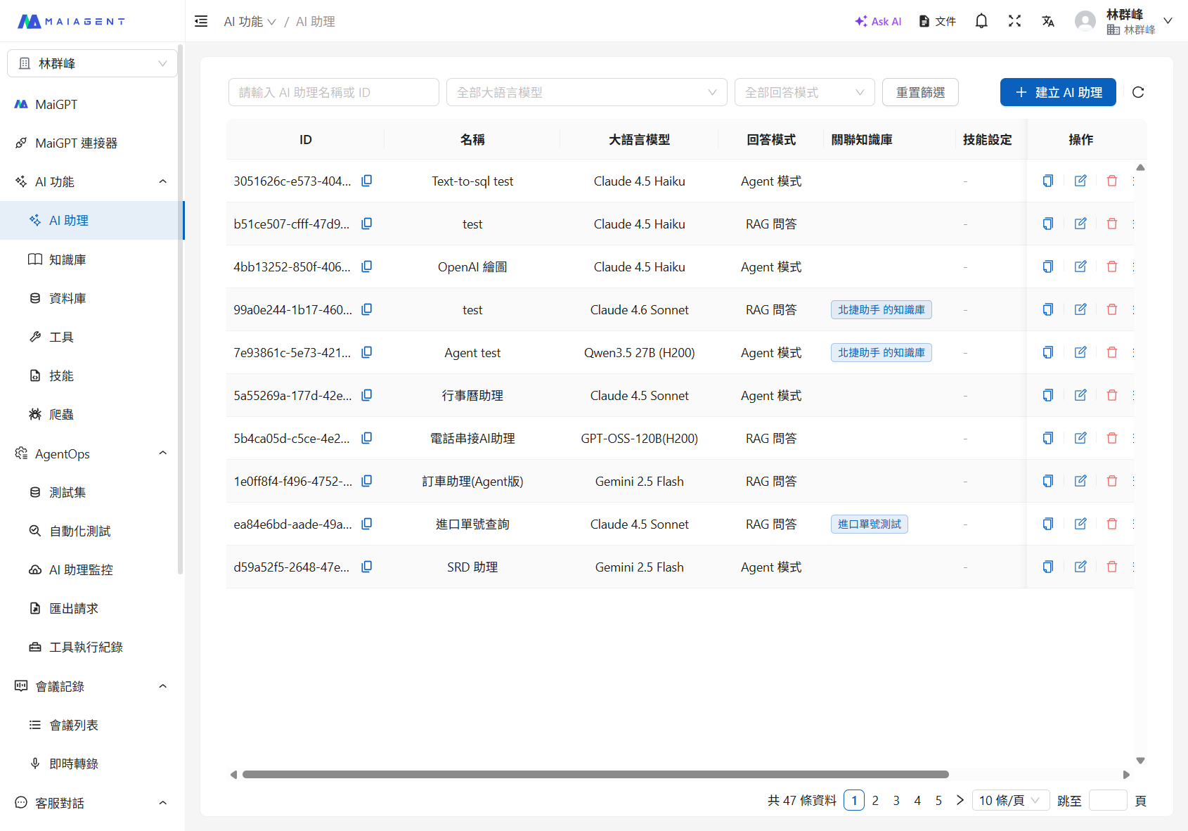 AI 助理列表頁面