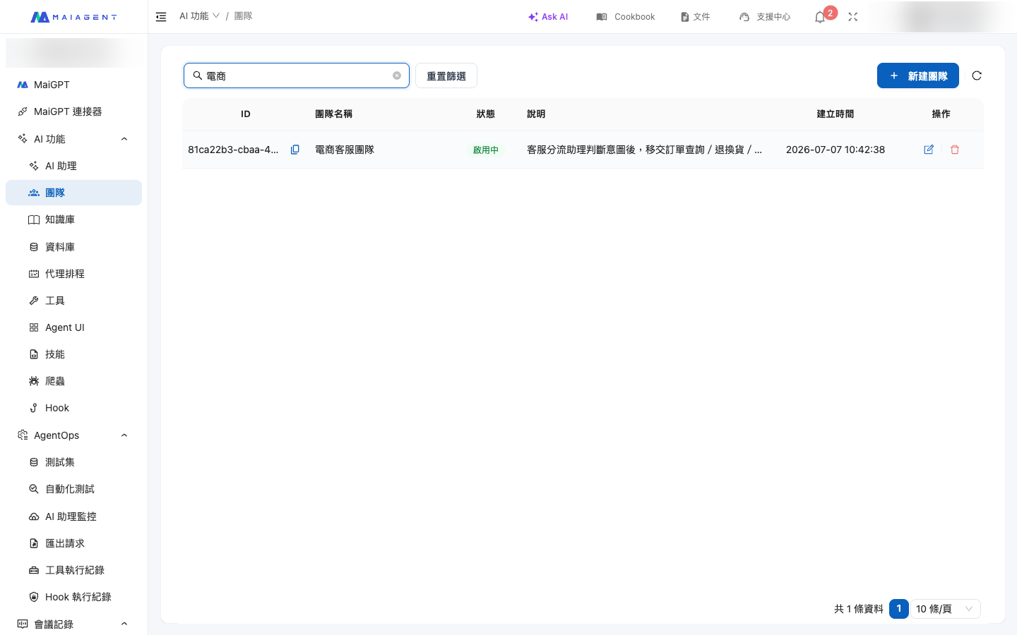 團隊列表頁