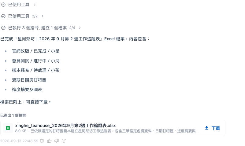 使用專案時程甘特圖範本產生的虛構工作追蹤表與 Excel 下載檔案