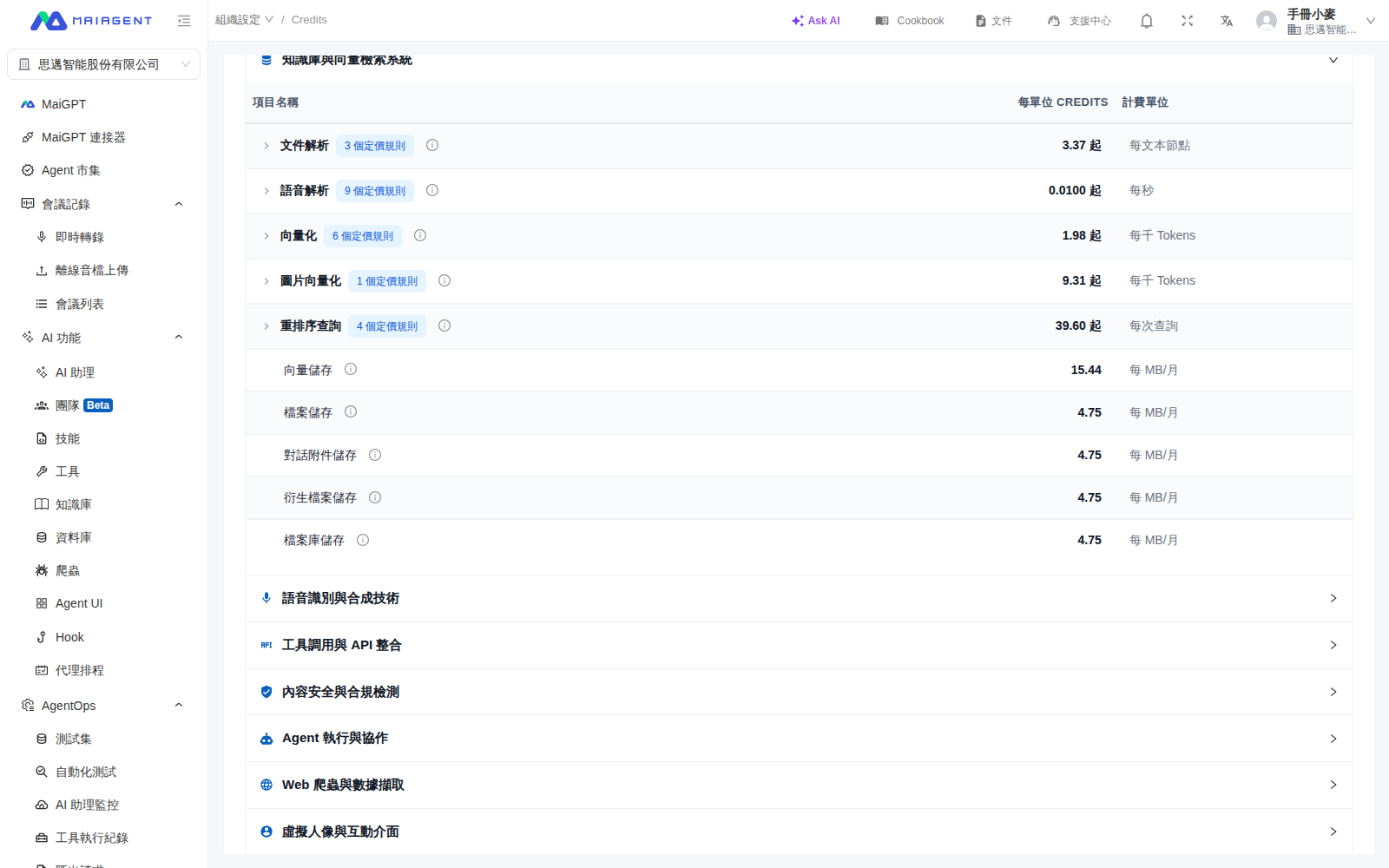 Credits 計費方式中的對話附件儲存與衍生檔案儲存項目