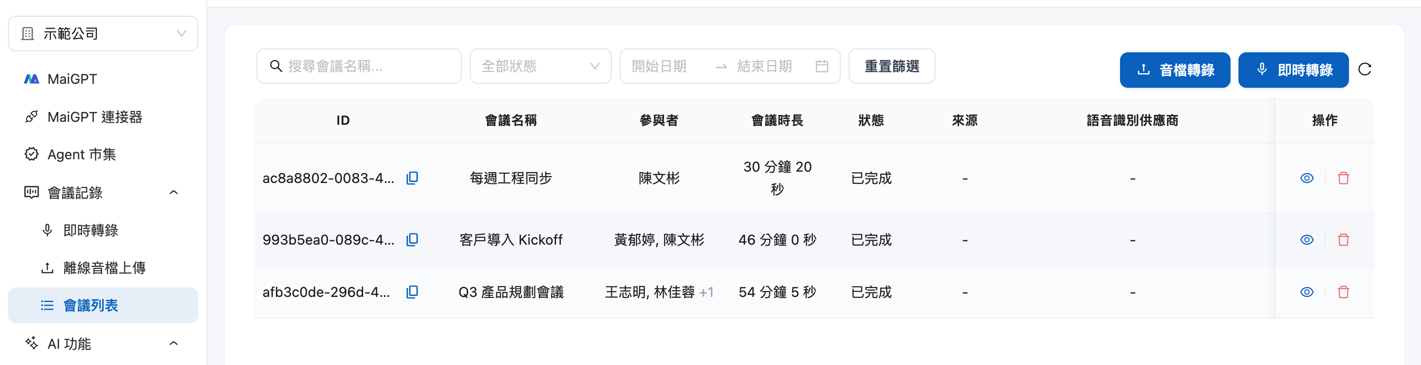 會議列表的參與者欄位