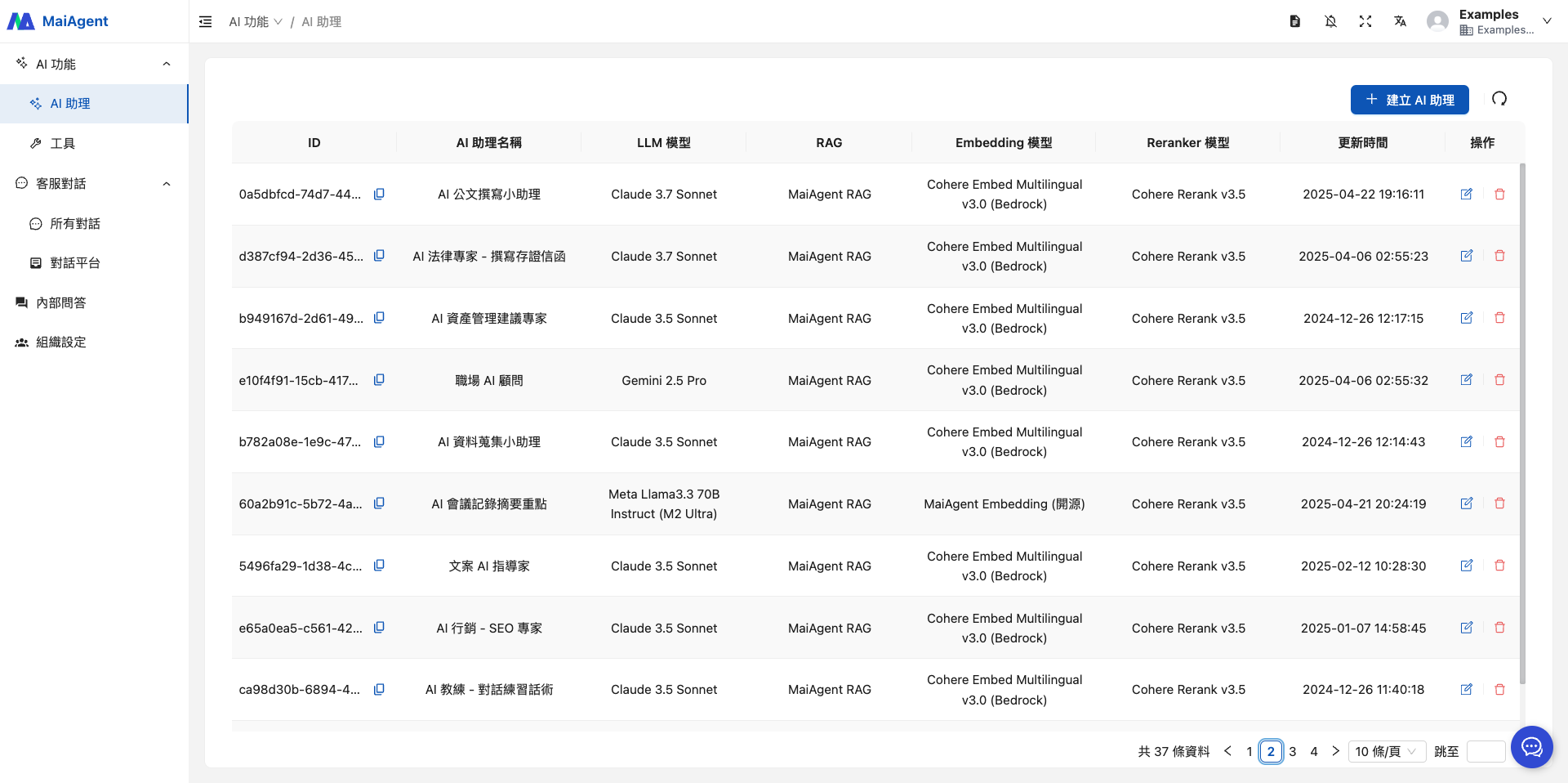 AI 助理列表頁面